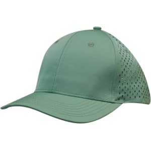 A green sports twill cap featuring tear drop perforations and a logo.