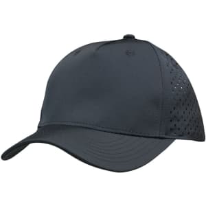 A grey sports cap with tear drop perforations and a logo on the side.