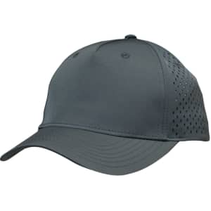 A grey cap with tear drop perforations on the sides and a curved brim. It features a branding logo.