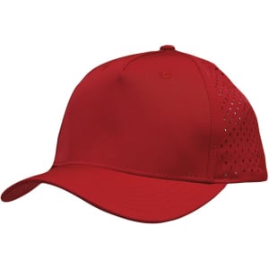 A red cap featuring perforated panels for breathability and a solid front design. It includes a logo.