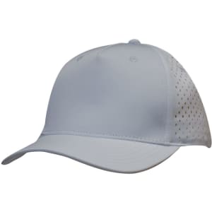 A white sports cap featuring tear drop perforations on the sides and a logo on the front.