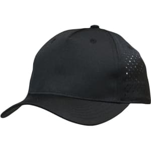 A black sports cap with tear drop perforations and a logo on the front.