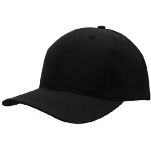 A black cap with a structured design, featuring a curved brim and a logo on the front.