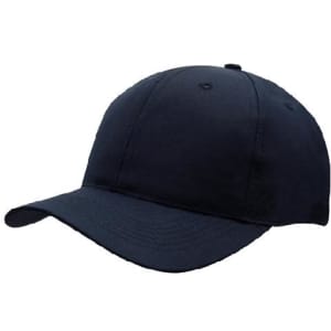 A navy blue cap made from recycled breathable poly twill, featuring a rounded crown and a curved visor.