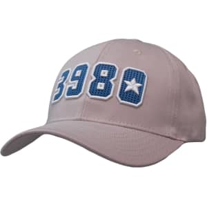 A beige cap with blue mesh detailing and a logo. The design features a number and star embellishment.