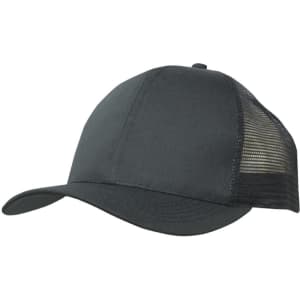 A charcoal cap featuring a breathable poly twill front and mesh back, with an adjustable strap and a logo.
