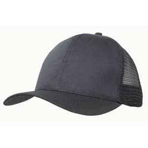 A grey cap made of breathable poly twill with a mesh back, featuring a curved brim and a logo.