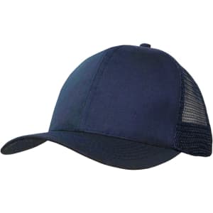 A navy blue cap featuring breathable poly twill fabric and a mesh back, complete with a logo.