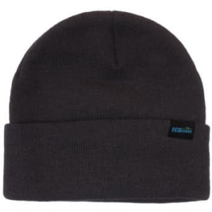 A dark grey beanie with a folded cuff and a small logo. Made from recycled materials.