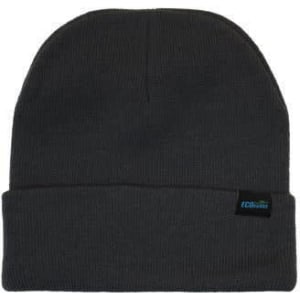A grey recycled roll-up beanie with a logo tag on the side. Soft, textured fabric.