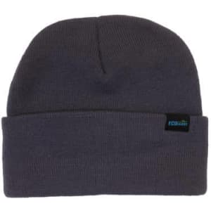 A dark grey beanie featuring a foldable cuff and a small branding label.