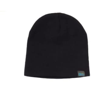 A black beanie with a rolled down edge and a small logo tag on the side.