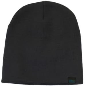 A black beanie with a roll-down design, featuring a small logo on the side.
