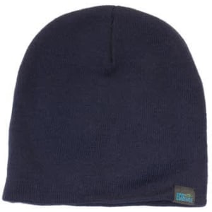 A navy beanie with a rolled-down edge and a small branded tag. Perfect for colder weather.