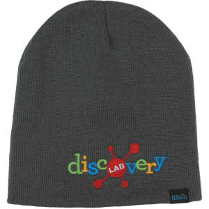 A grey beanie featuring colourful embroidered text and a logo on the side.