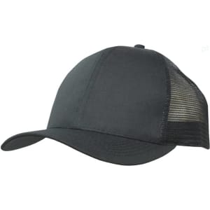 A black organic brushed heavy cotton cap with a mesh back and a logo on the side.