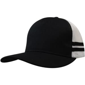 A black and white trucker cap featuring stripes, with a deep fit and mesh panels. It has a logo on it.