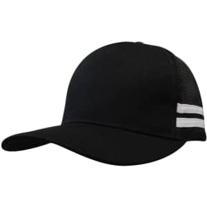 A black deep fit trucker cap with mesh sides and white stripes, featuring a logo on the front.