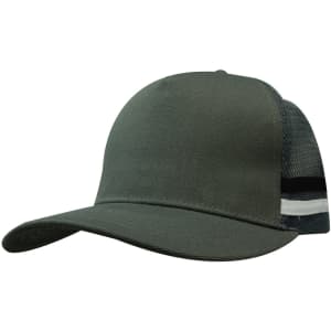 A deep fit trucker cap in olive green with a mesh back and striped detailing on the side. It features a logo.