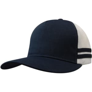 A navy blue and white trucker cap featuring stripes and a deep fit design. It has a logo on the front.