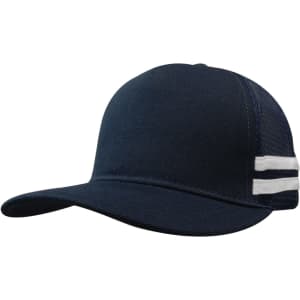 A navy trucker cap with a twill front and mesh back, featuring white stripes on the side.