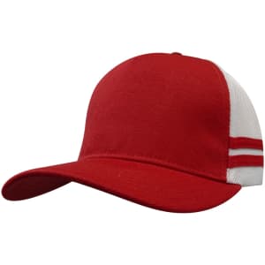 A red trucker cap featuring a solid front and white mesh back with two red stripes, plus a logo.