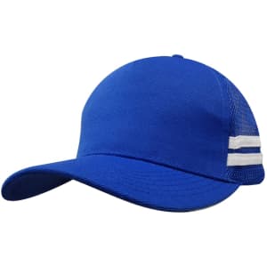 A blue trucker cap featuring a solid front panel and striped mesh sides. It has a curved brim and a logo.