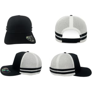 A black and white trucker cap featuring stripes, with a mesh design and a logo on the side.