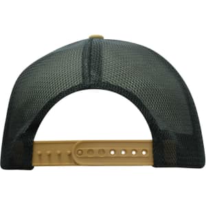 A deep fit trucker cap featuring a black twill front and a mesh back with a tan adjustable strap.