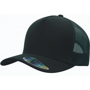A black deep fit trucker cap with a solid front and mesh back, featuring a logo on the side.