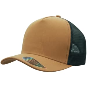 A deep fit trucker cap featuring a tan front and black mesh back with a curved visor and branding.