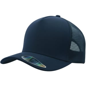 A navy blue deep fit trucker cap with a mesh back and a curved brim. It features a logo on the side.
