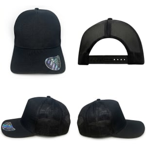 A black trucker cap featuring a mesh back and a logo on the side, showcasing a deep fit design.
