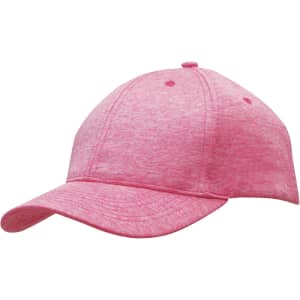 A pink cap featuring a curved brim and a structured crown, with ventilation holes and a logo.