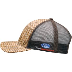 A mesh-back cap featuring a woven pattern in tan and brown colours, with a branding logo on the back.