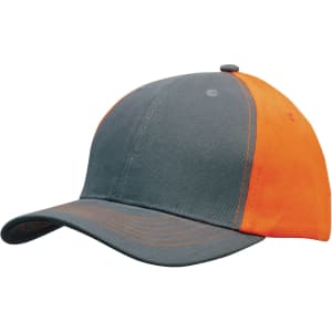 A grey and orange brushed heavy cotton cap with contrasting panels and a logo on the front.