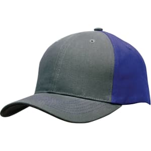 A cap featuring a brushed heavy cotton design in grey and blue, with a logo on the front.