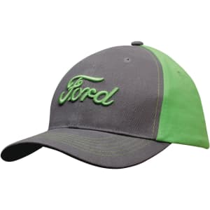 A grey and green cap with a contrasting design and a logo on the front.