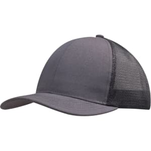 A grey brushed cotton cap with a black mesh back and a curved visor, featuring a logo on the front.
