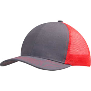 A grey cap with a red mesh back, featuring a rounded top and a curved brim. Includes a logo on the front.