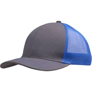 A grey cap with a blue mesh back and a curved brim, featuring a logo on the front.