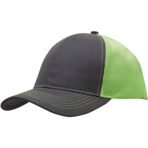 A grey cap with a green mesh back features contrasting stitching and a structured design. It includes a logo.