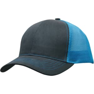 A brushed cotton cap in dark grey with a blue mesh back and stitching, featuring a logo on the front.