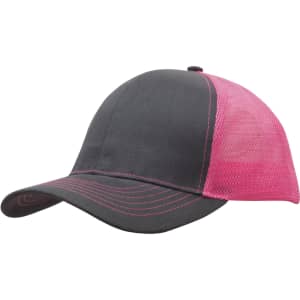 A brushed cotton cap in grey and pink with a mesh back and a curved brim. It features a logo on the front.