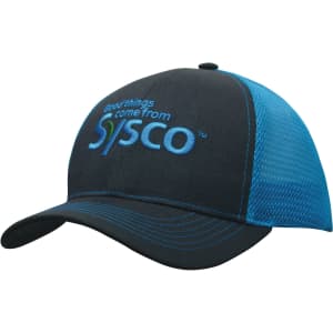 A black and blue brushed cotton cap with a mesh back and a logo on the front.