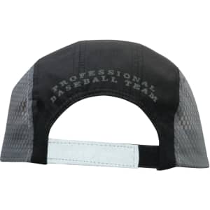 A black cap with a bee hive mesh design and a towelling sweatband, featuring a logo on the back.