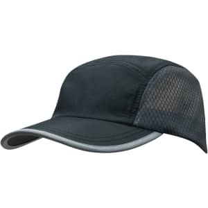A black cap featuring a bee hive mesh design and a towelling sweatband. It has a sleek, sporty appearance.