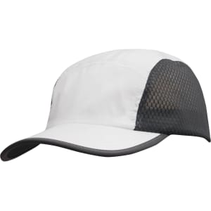 A white cap with a grey mesh side and a curved brim, featuring a logo on the front.