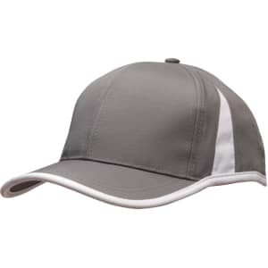 A grey cap featuring white trim and a logo on the front. It has a structured design with a curved visor.