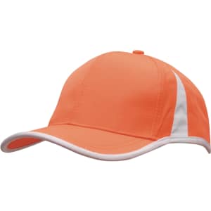 An orange cap with white trim and a curved peak, featuring a logo on the front.